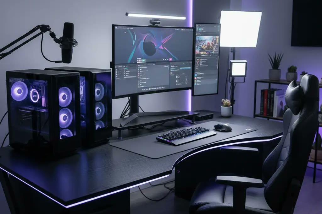 Gaming desk with two monitors and RGB PC cases